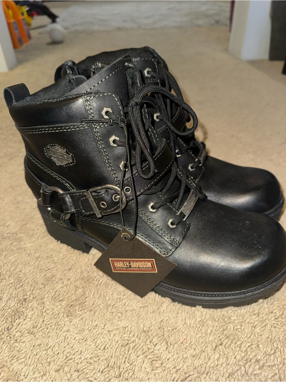 Harley-Davidson Black and Orange Logo Tag Motorcycle Boot Interior